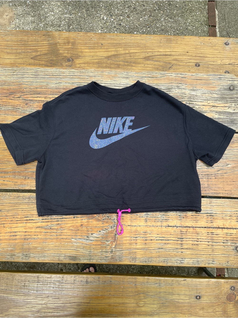 Nike Black Cropped Tee with Glitter Blue Logo and Pink Drawcord
